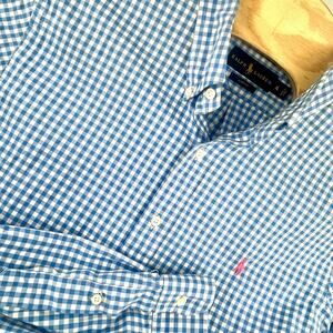 Polo Ralph Lauren Button Down Mens XL Blue White Checked Slim Fit Long Sleeve